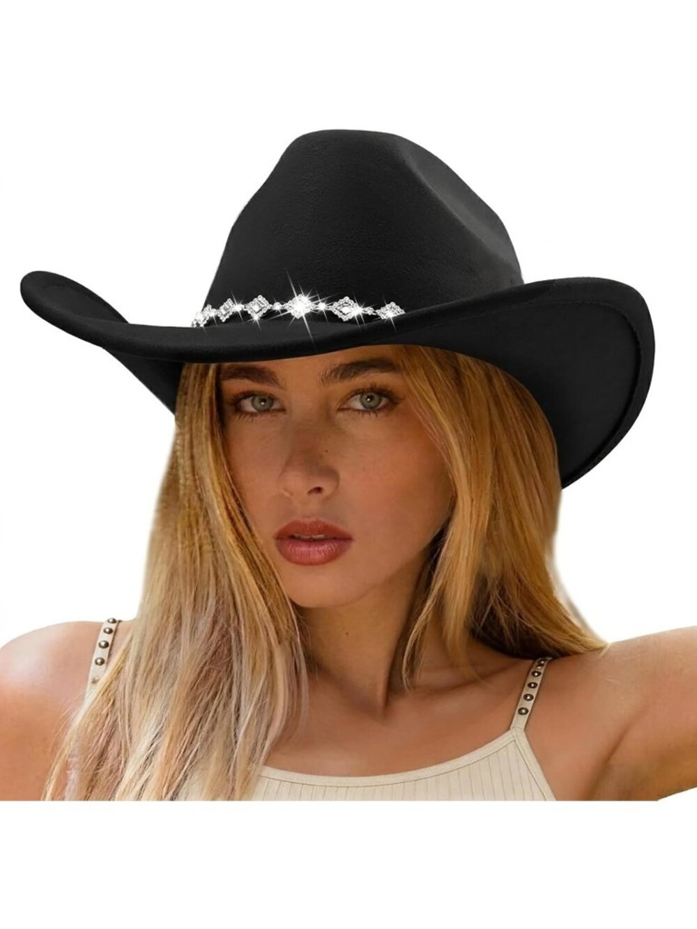 Women's Black Rhinestone Glitter Wide Brim Felt Cowboy Western Cowgirl Hat